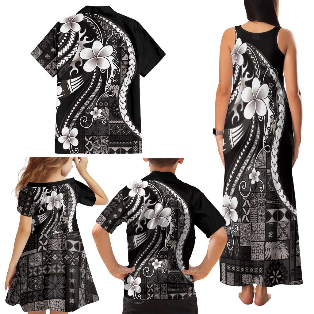 Samoa Siapo Tribal Pattern Family Matching Tank Maxi Dress and Hawaiian Shirt Black Polynesian Plumeria Tapa Motif LT9 - Polynesian Pride