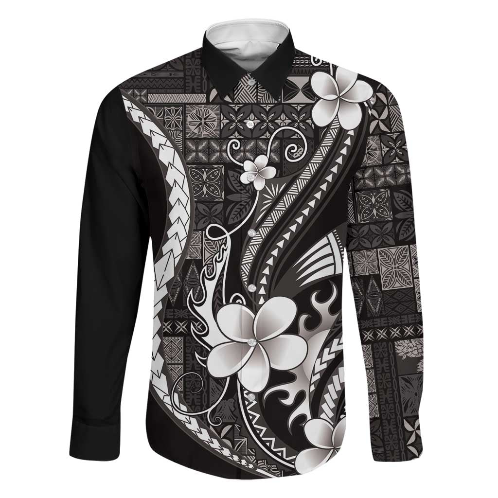 Samoa Siapo Tribal Pattern Family Matching Tank Maxi Dress and Hawaiian Shirt Black Polynesian Plumeria Tapa Motif LT9 Dad's Shirt - Long Sleeve Black - Polynesian Pride