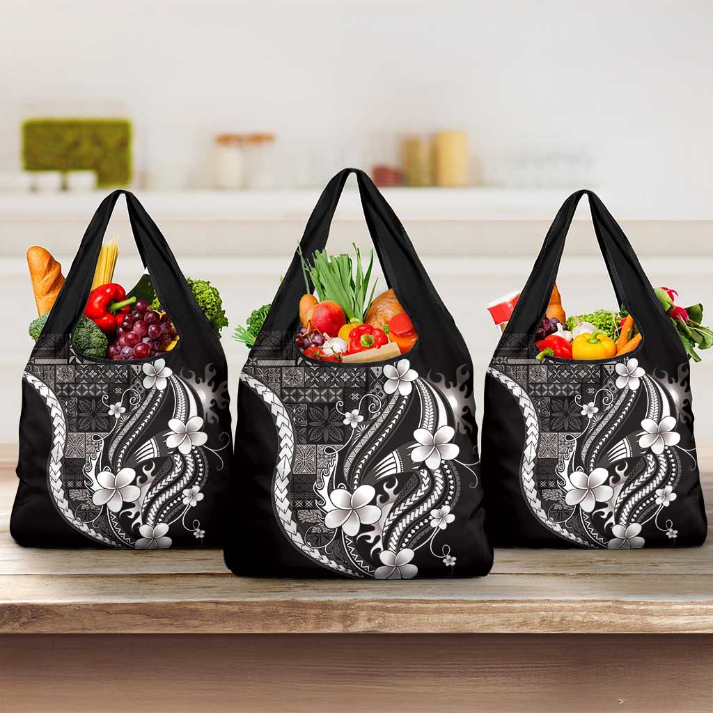 Samoa Siapo Tribal Pattern Grocery Bag Black Polynesian Plumeria Tapa Motif