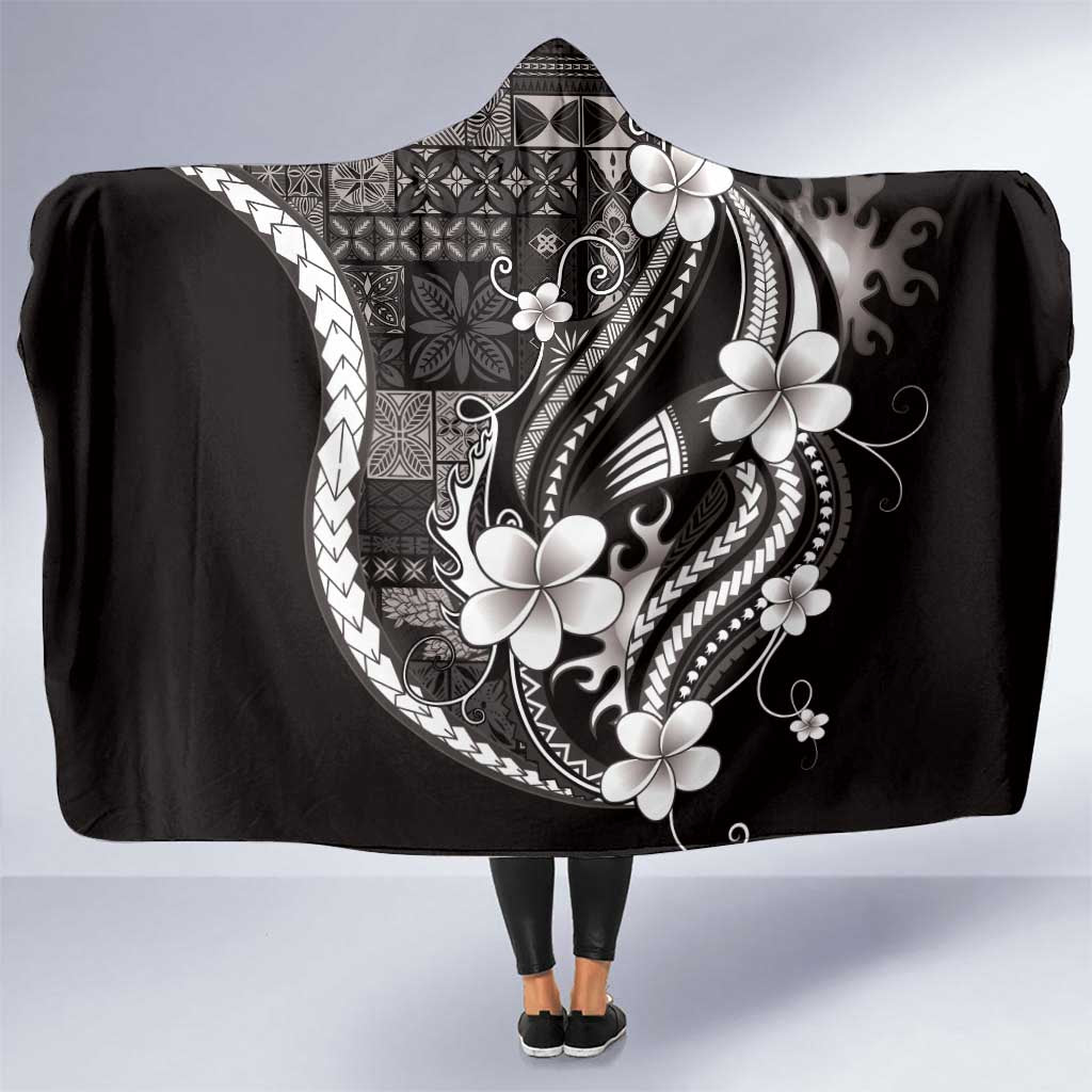 Samoa Siapo Tribal Pattern Hooded Blanket Black Polynesian Plumeria Tapa Motif