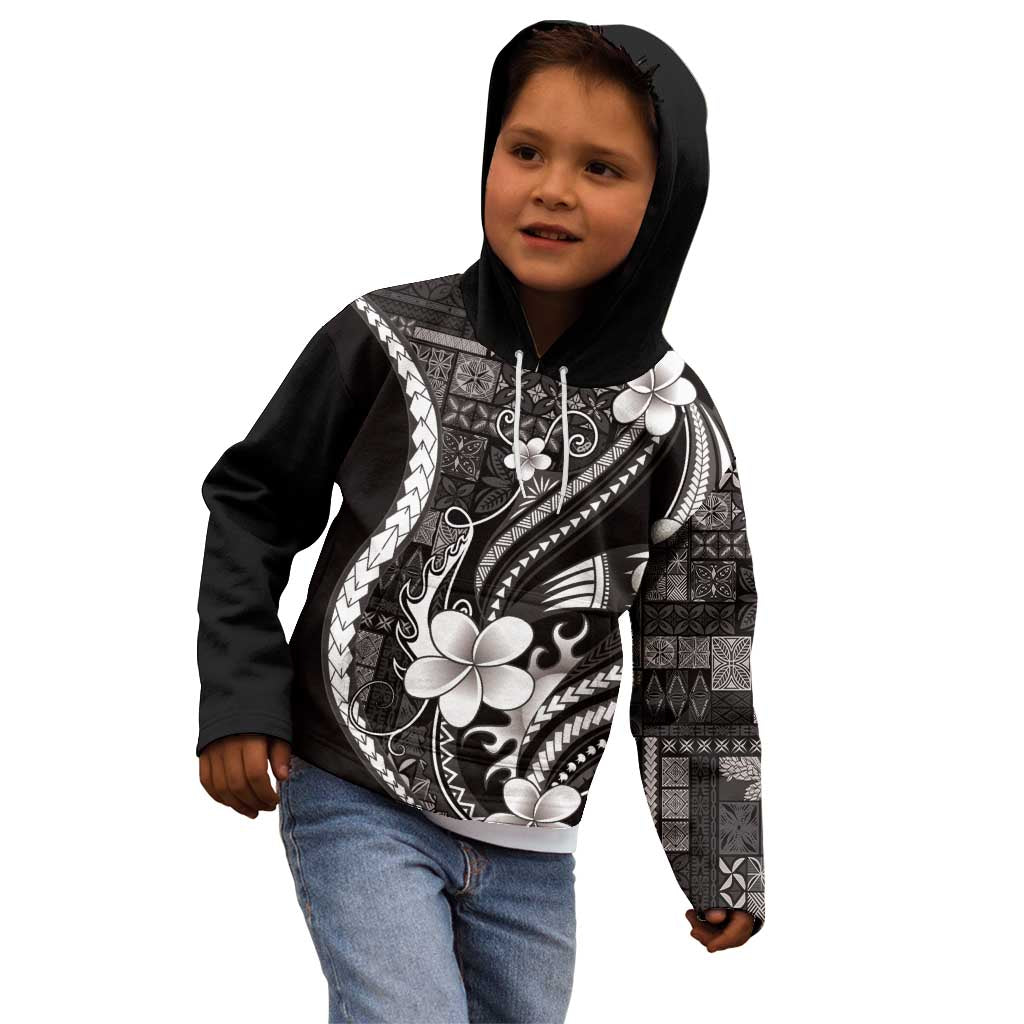 Samoa Siapo Tribal Pattern Kid Hoodie Black Polynesian Plumeria Tapa Motif