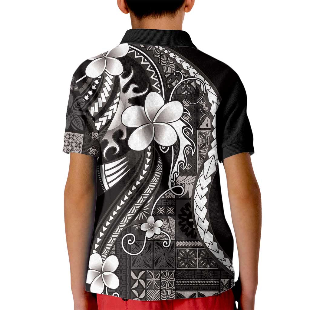 Samoa Siapo Tribal Pattern Kid Polo Shirt Black Polynesian Plumeria Tapa Motif