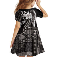 Samoa Siapo Tribal Pattern Kid Short Sleeve Dress Black Polynesian Plumeria Tapa Motif