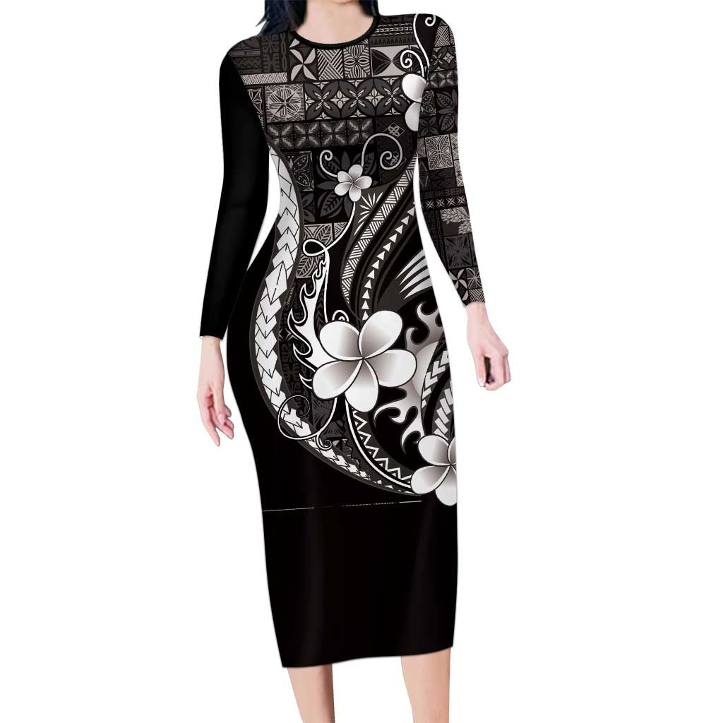 Samoa Siapo Tribal Pattern Long Sleeve Bodycon Dress Black Polynesian Plumeria Tapa Motif