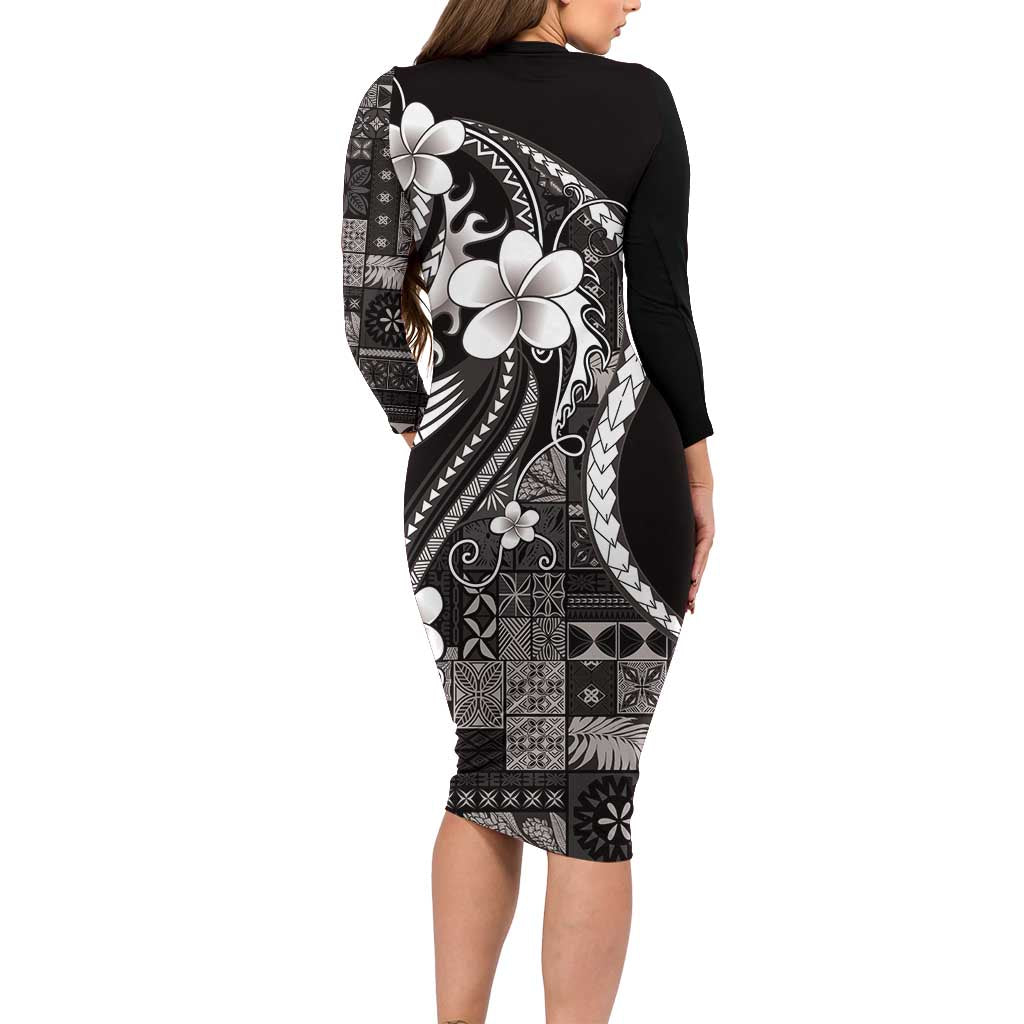 Samoa Siapo Tribal Pattern Long Sleeve Bodycon Dress Black Polynesian Plumeria Tapa Motif
