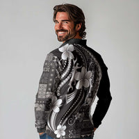 Samoa Siapo Tribal Pattern Long Sleeve Polo Shirt Black Polynesian Plumeria Tapa Motif