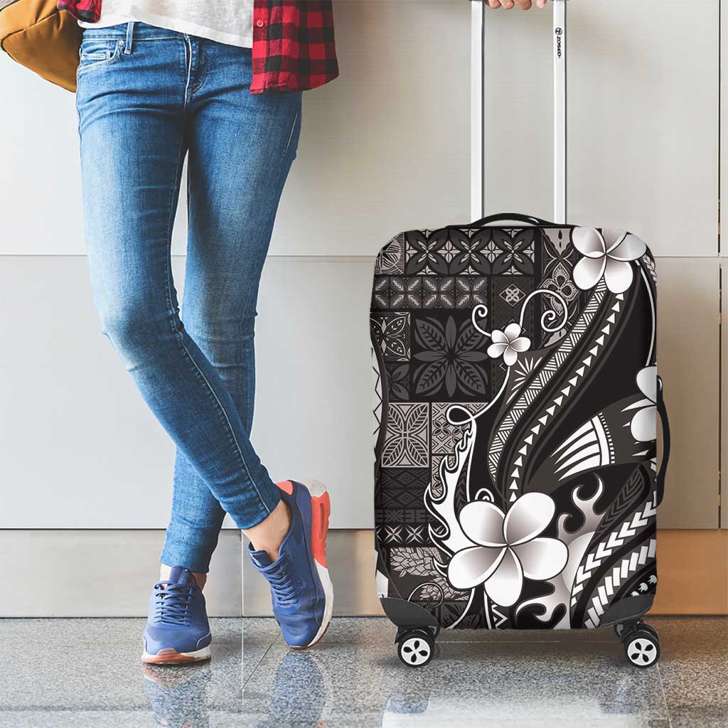 Samoa Siapo Tribal Pattern Luggage Cover Black Polynesian Plumeria Tapa Motif