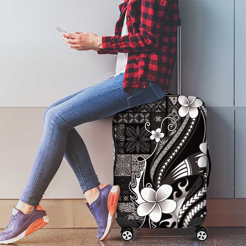 Samoa Siapo Tribal Pattern Luggage Cover Black Polynesian Plumeria Tapa Motif