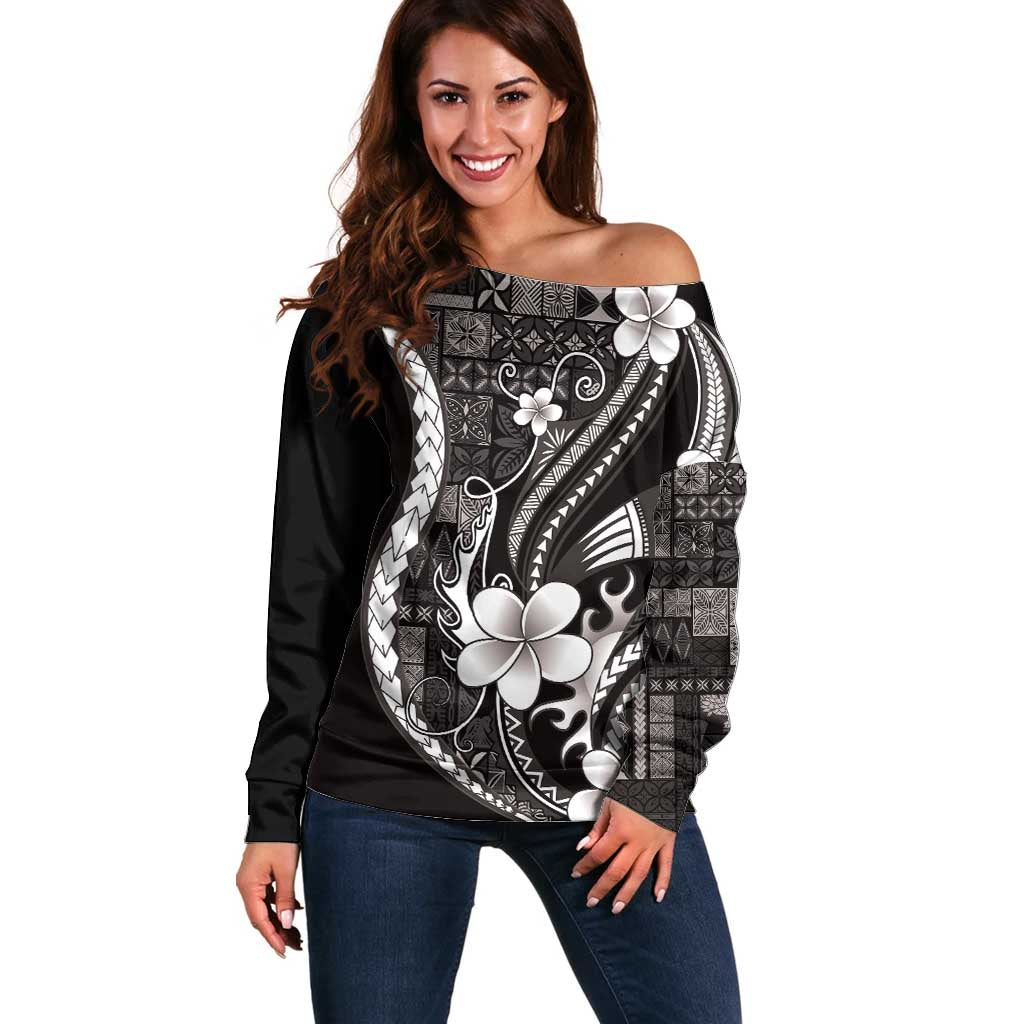 Samoa Siapo Tribal Pattern Off Shoulder Sweater Black Polynesian Plumeria Tapa Motif