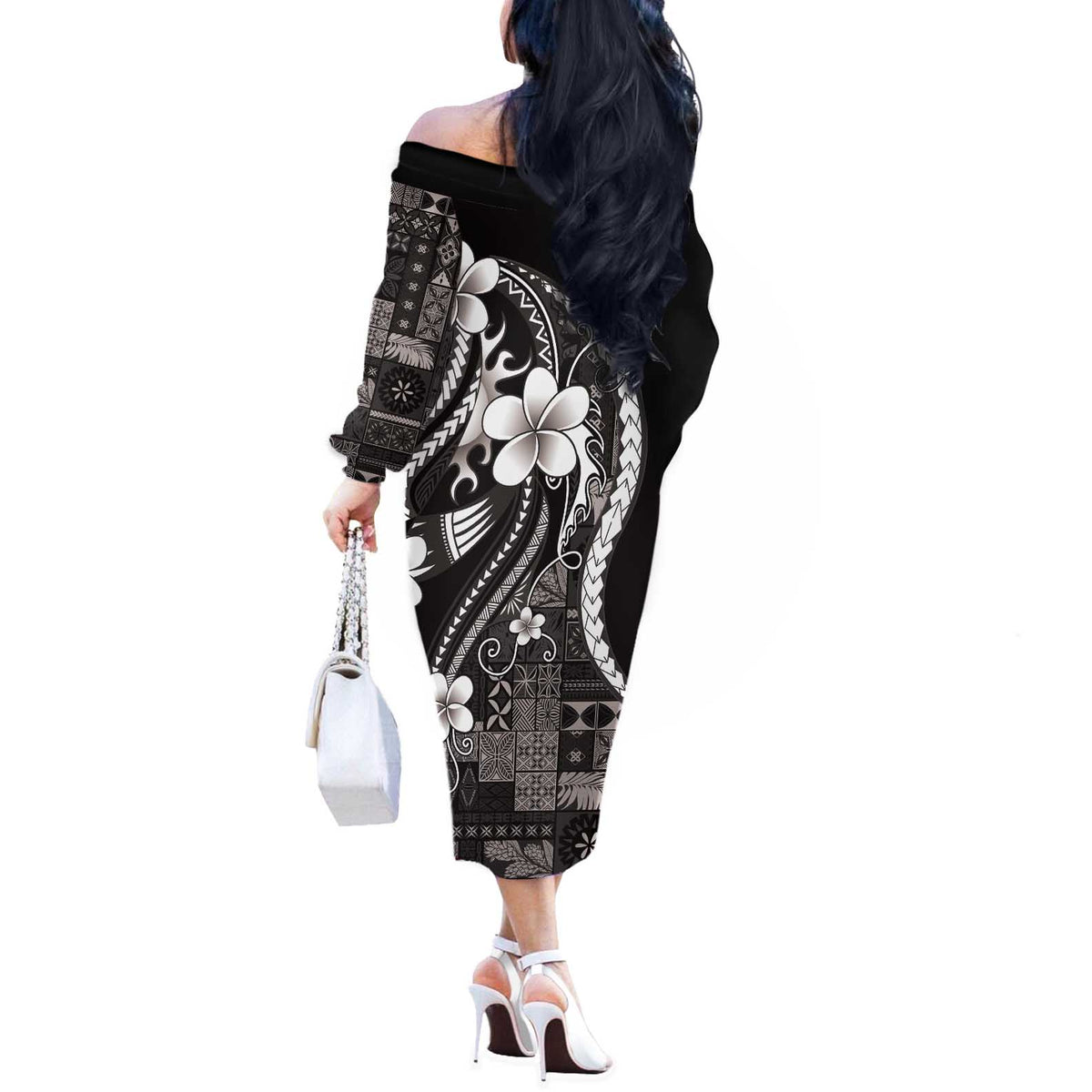 Samoa Siapo Tribal Pattern Off The Shoulder Long Sleeve Dress Black Polynesian Plumeria Tapa Motif