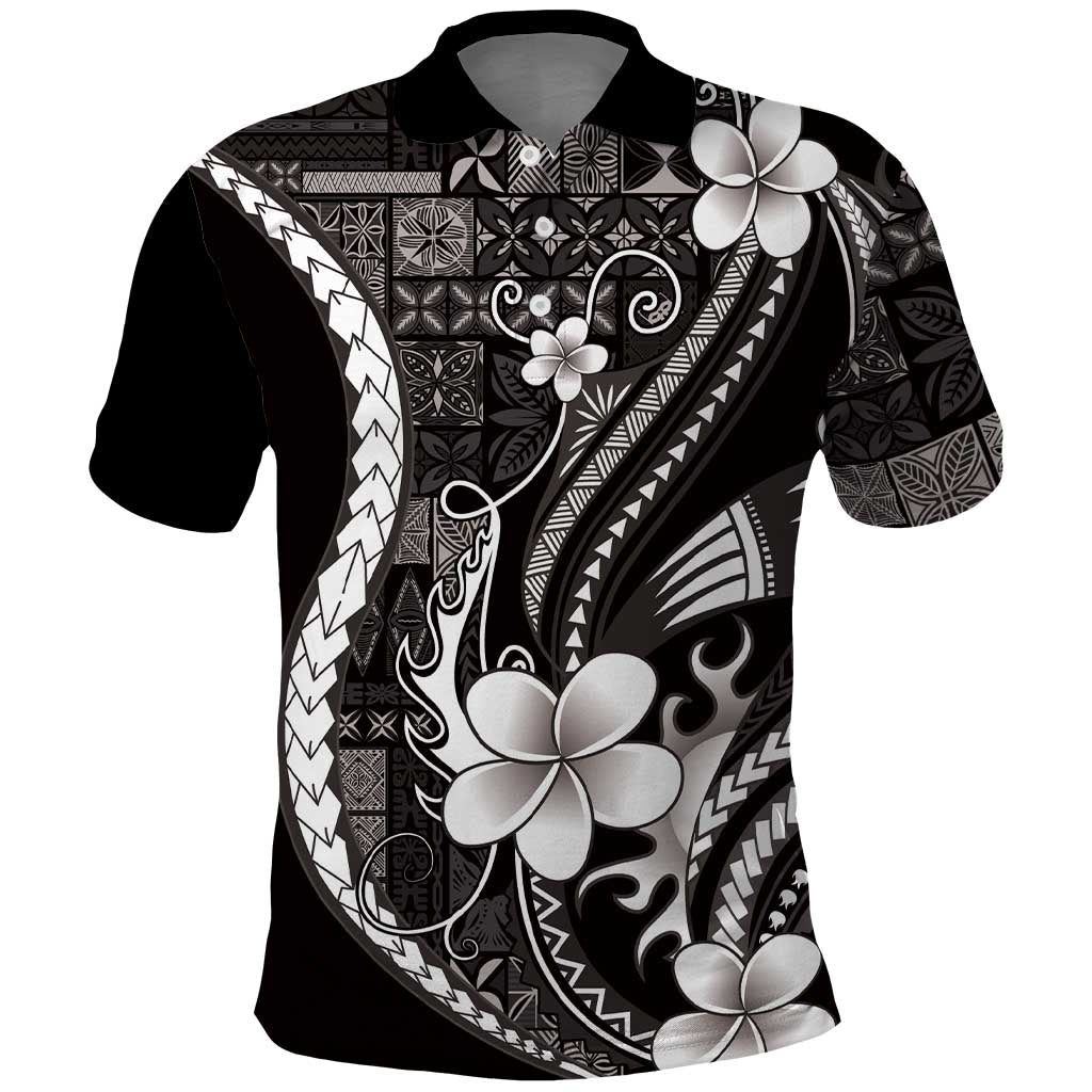 Samoa Siapo Tribal Pattern Polo Shirt Black Polynesian Plumeria Tapa Motif