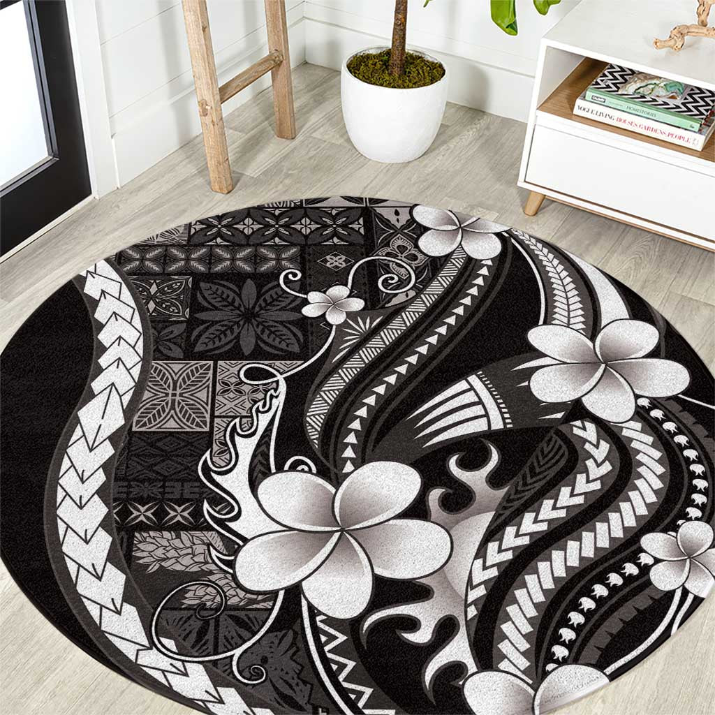 Samoa Siapo Tribal Pattern Round Carpet Black Polynesian Plumeria Tapa Motif