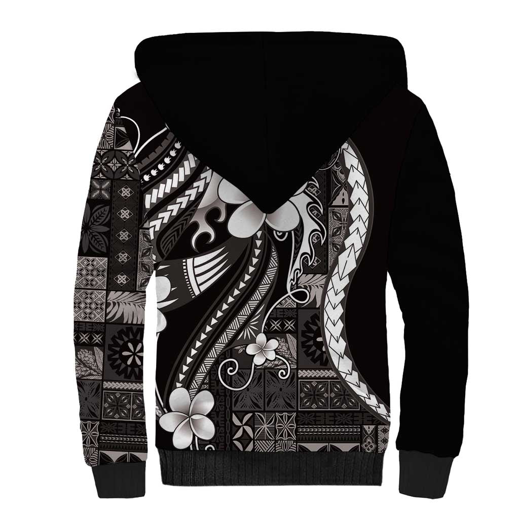 Samoa Siapo Tribal Pattern Sherpa Hoodie Black Polynesian Plumeria Tapa Motif