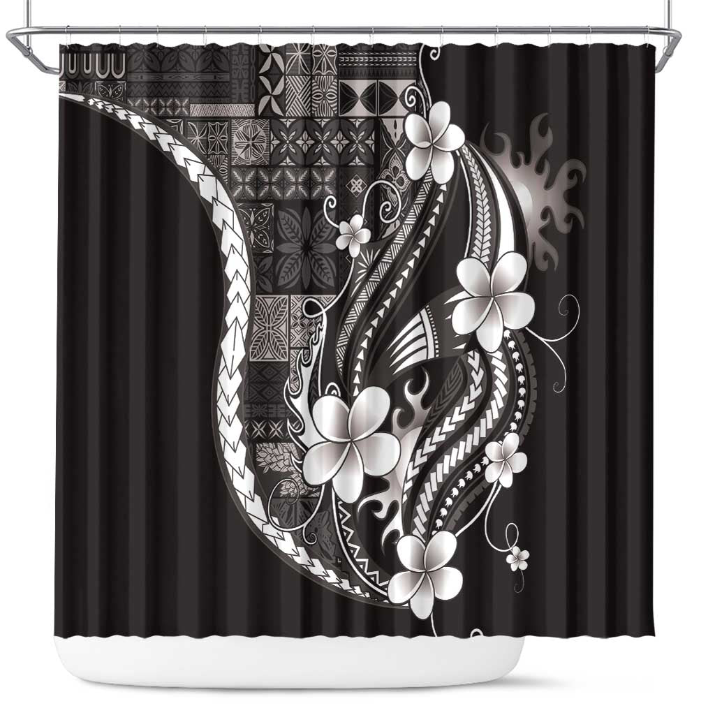 Samoa Siapo Tribal Pattern Shower Curtain Black Polynesian Plumeria Tapa Motif