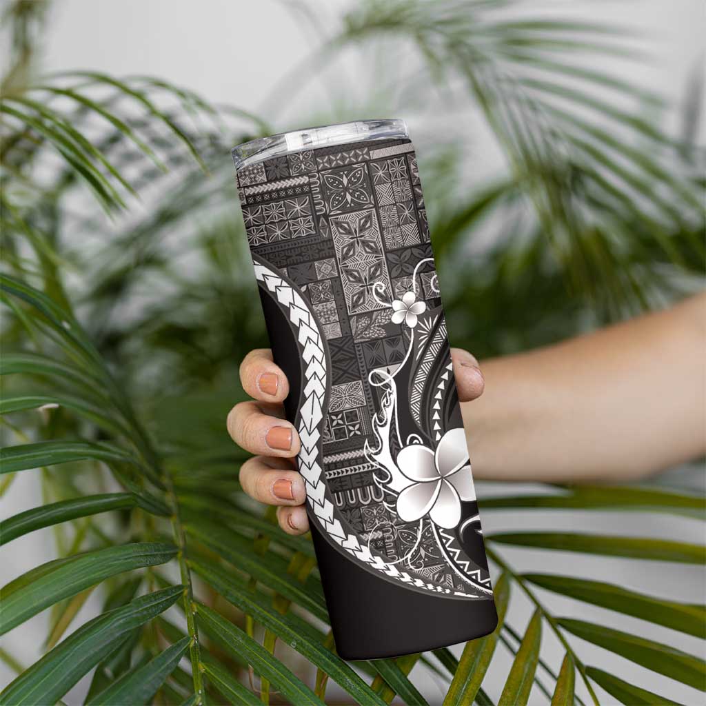 Samoa Siapo Tribal Pattern Skinny Tumbler Black Polynesian Plumeria Tapa Motif