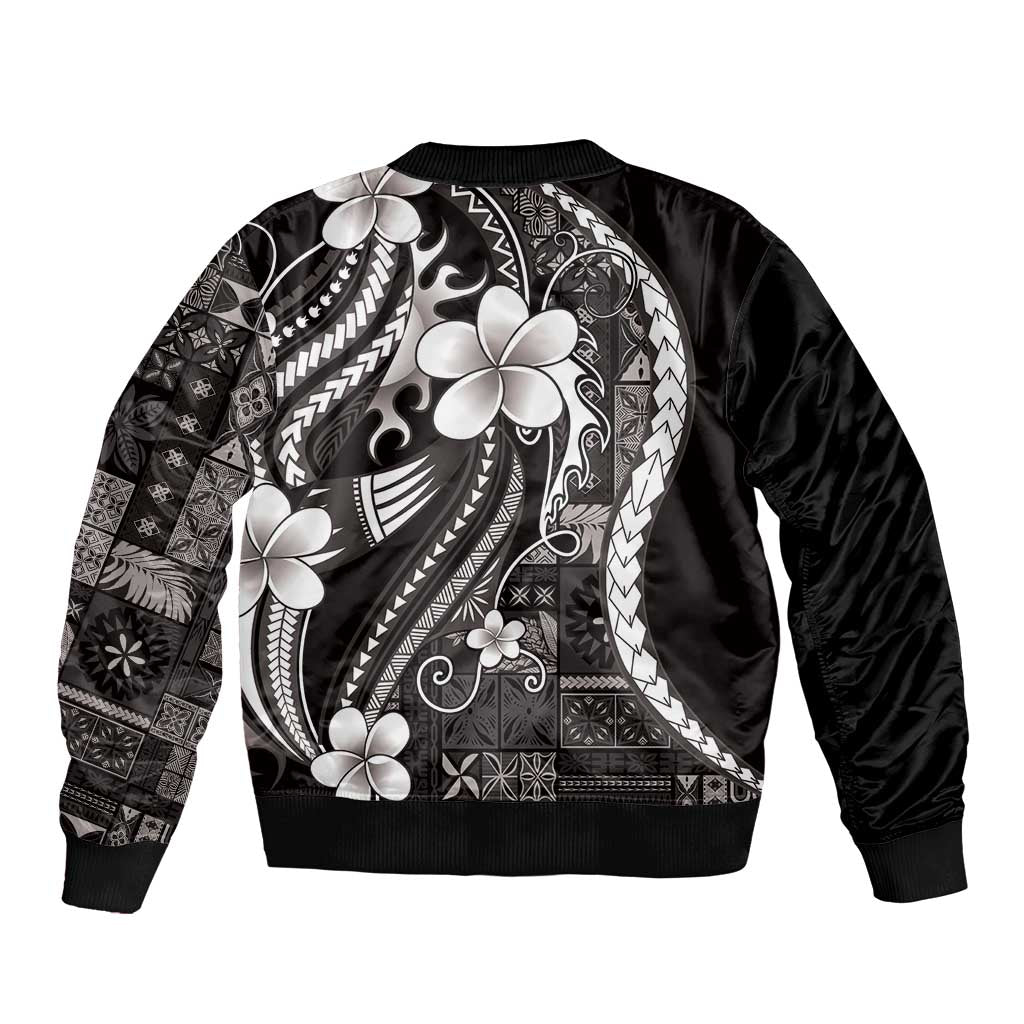 Samoa Siapo Tribal Pattern Sleeve Zip Bomber Jacket Black Polynesian Plumeria Tapa Motif
