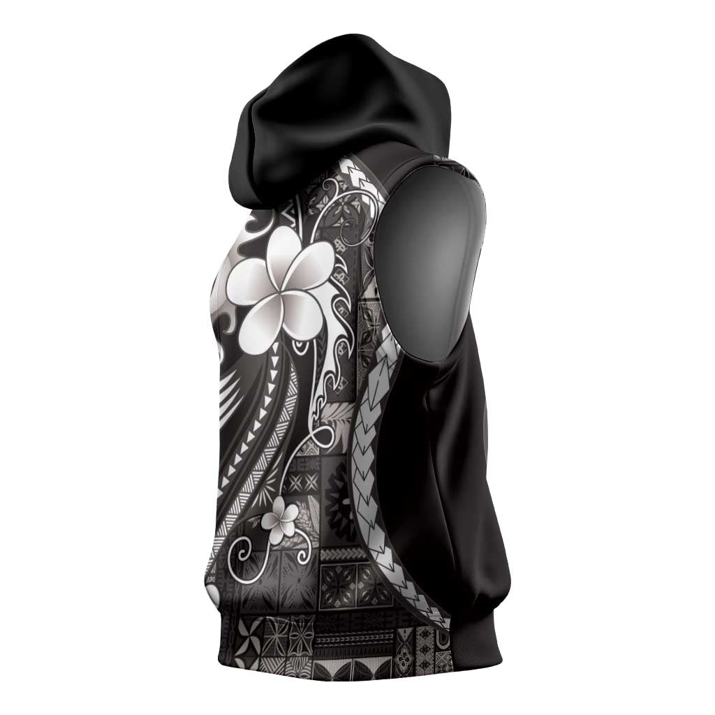 Samoa Siapo Tribal Pattern Sleeveless Hoodie Black Polynesian Plumeria Tapa Motif