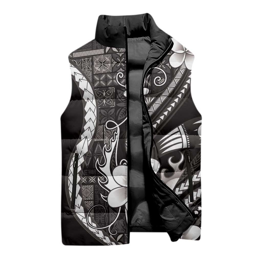 Samoa Siapo Tribal Pattern Sleeveless Puffer Jacket Black Polynesian Plumeria Tapa Motif