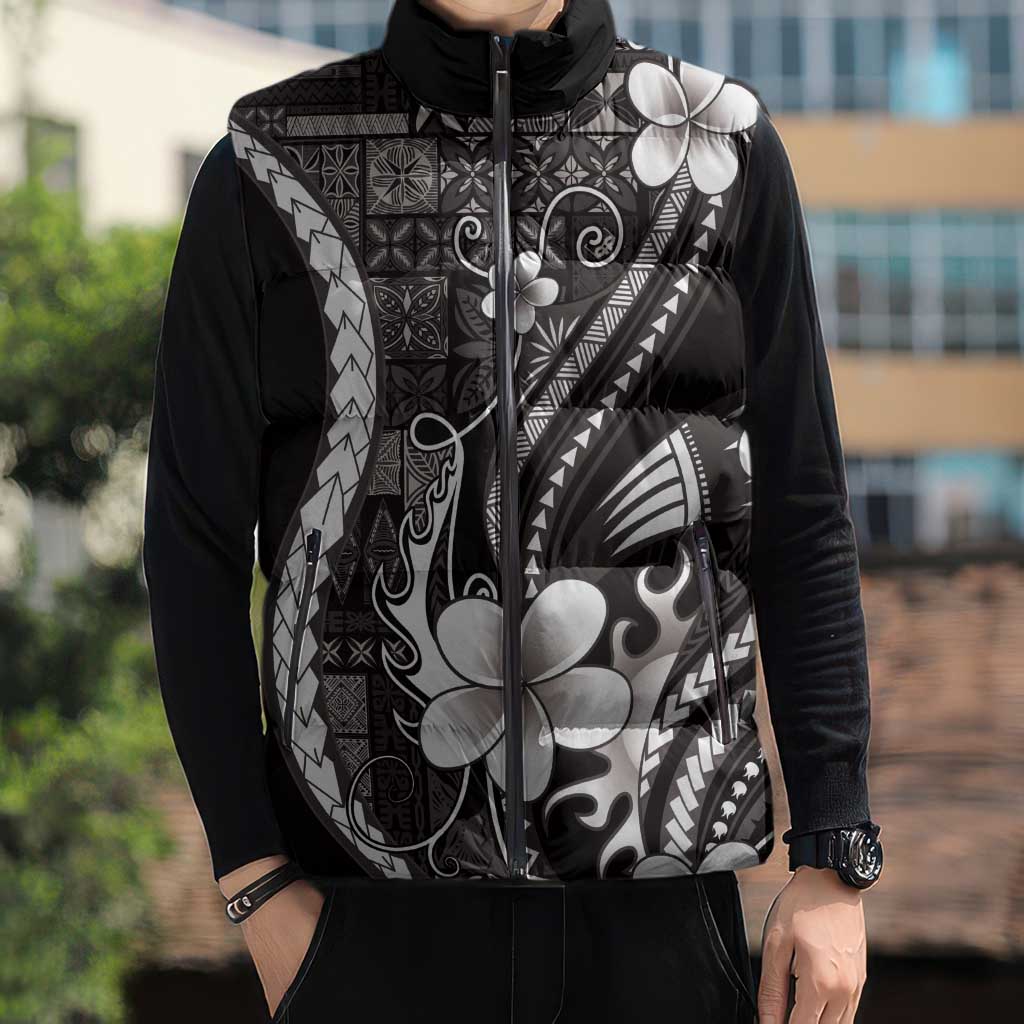 Samoa Siapo Tribal Pattern Sleeveless Puffer Jacket Black Polynesian Plumeria Tapa Motif