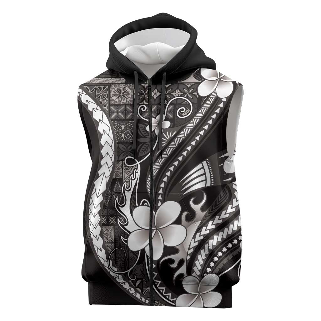 Samoa Siapo Tribal Pattern Sleeveless Zip Hoodie Black Polynesian Plumeria Tapa Motif