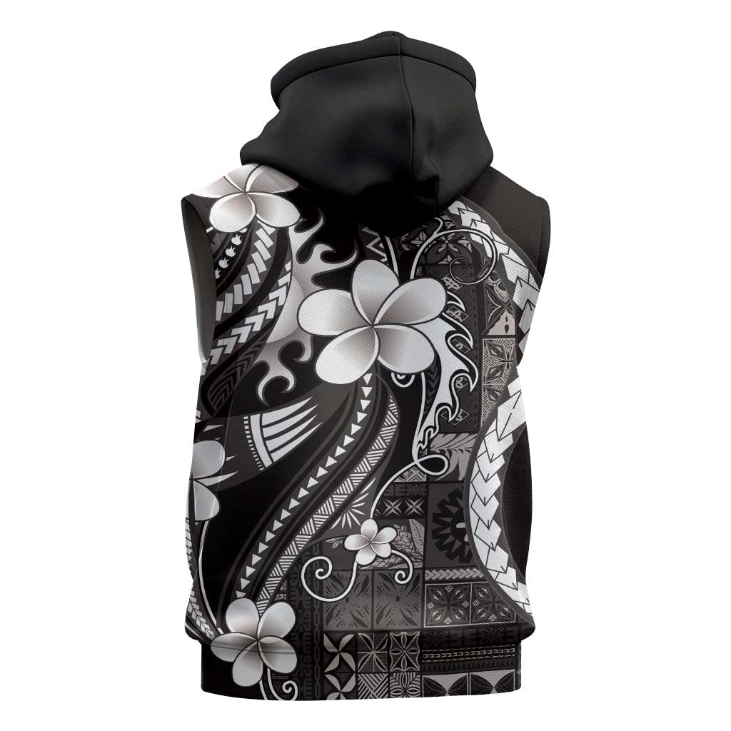 Samoa Siapo Tribal Pattern Sleeveless Zip Hoodie Black Polynesian Plumeria Tapa Motif