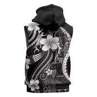 Samoa Siapo Tribal Pattern Sleeveless Zip Hoodie Black Polynesian Plumeria Tapa Motif