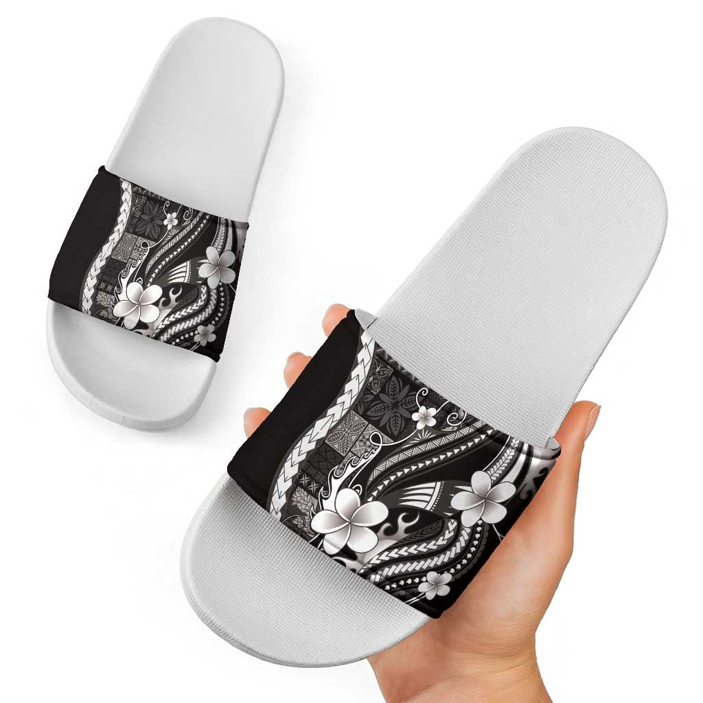 Samoa Siapo Tribal Pattern Slide Sandals Black Polynesian Plumeria Tapa Motif
