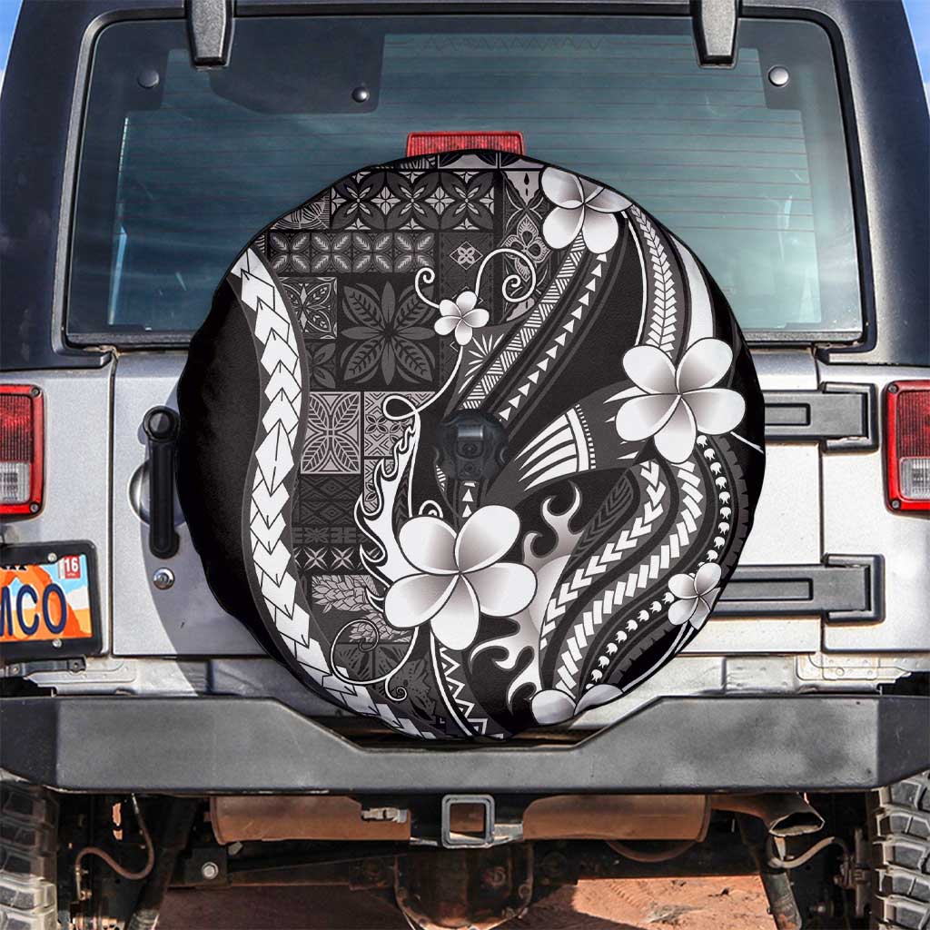 Samoa Siapo Tribal Pattern Spare Tire Cover Black Polynesian Plumeria Tapa Motif
