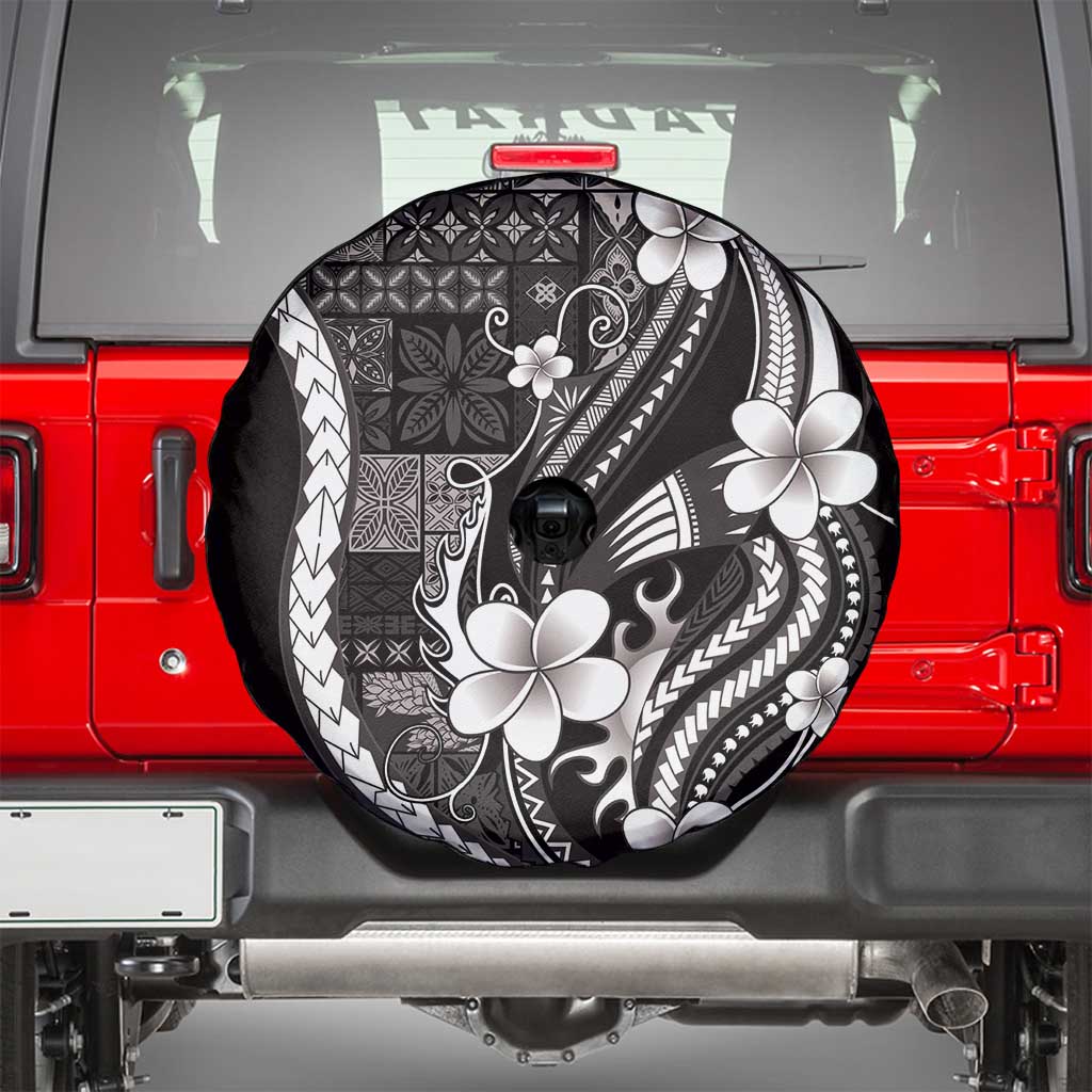 Samoa Siapo Tribal Pattern Spare Tire Cover Black Polynesian Plumeria Tapa Motif