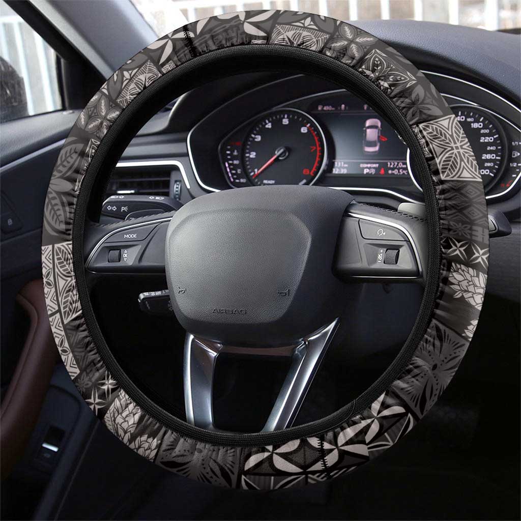 Samoa Siapo Tribal Pattern Steering Wheel Cover Black Polynesian Plumeria Tapa Motif