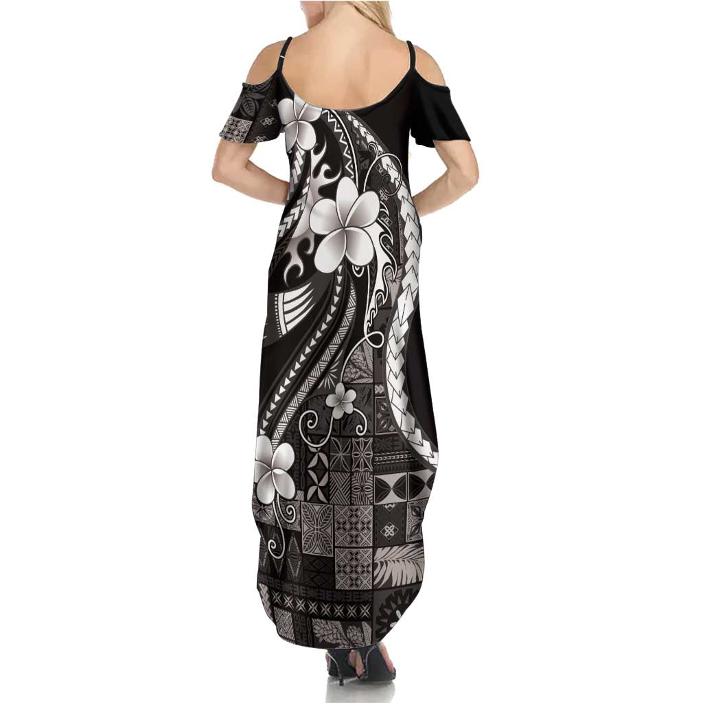 Samoa Siapo Tribal Pattern Summer Maxi Dress Black Polynesian Plumeria Tapa Motif