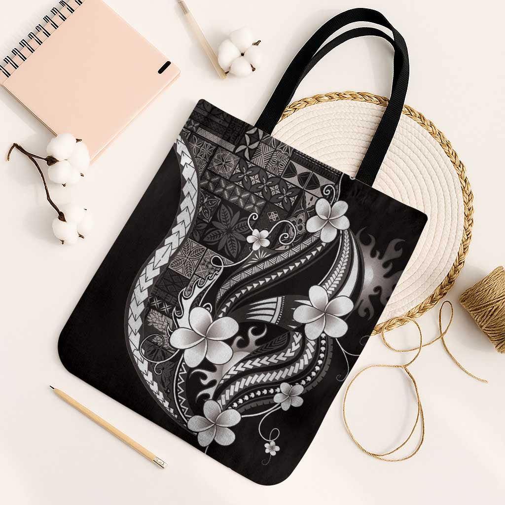 Samoa Siapo Tribal Pattern Tote Bag Black Polynesian Plumeria Tapa Motif