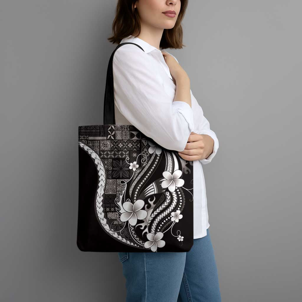 Samoa Siapo Tribal Pattern Tote Bag Black Polynesian Plumeria Tapa Motif
