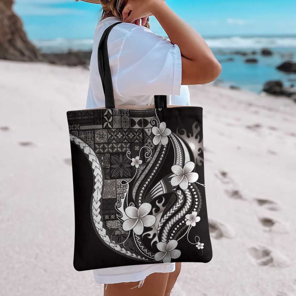 Samoa Siapo Tribal Pattern Tote Bag Black Polynesian Plumeria Tapa Motif