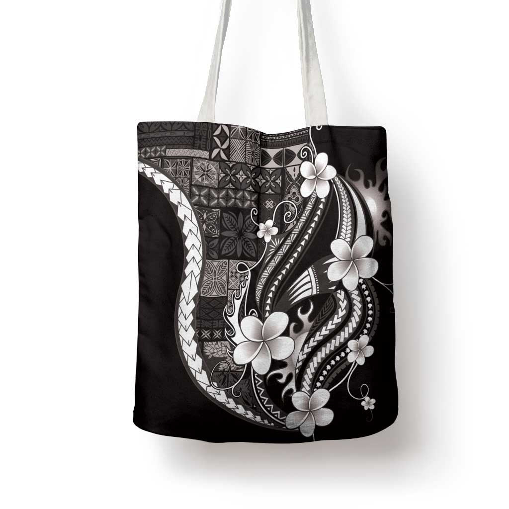 Samoa Siapo Tribal Pattern Tote Bag Black Polynesian Plumeria Tapa Motif