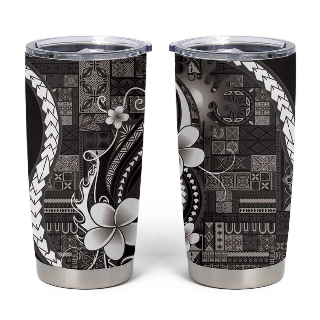 Samoa Siapo Tribal Pattern Tumbler Cup Black Polynesian Plumeria Tapa Motif