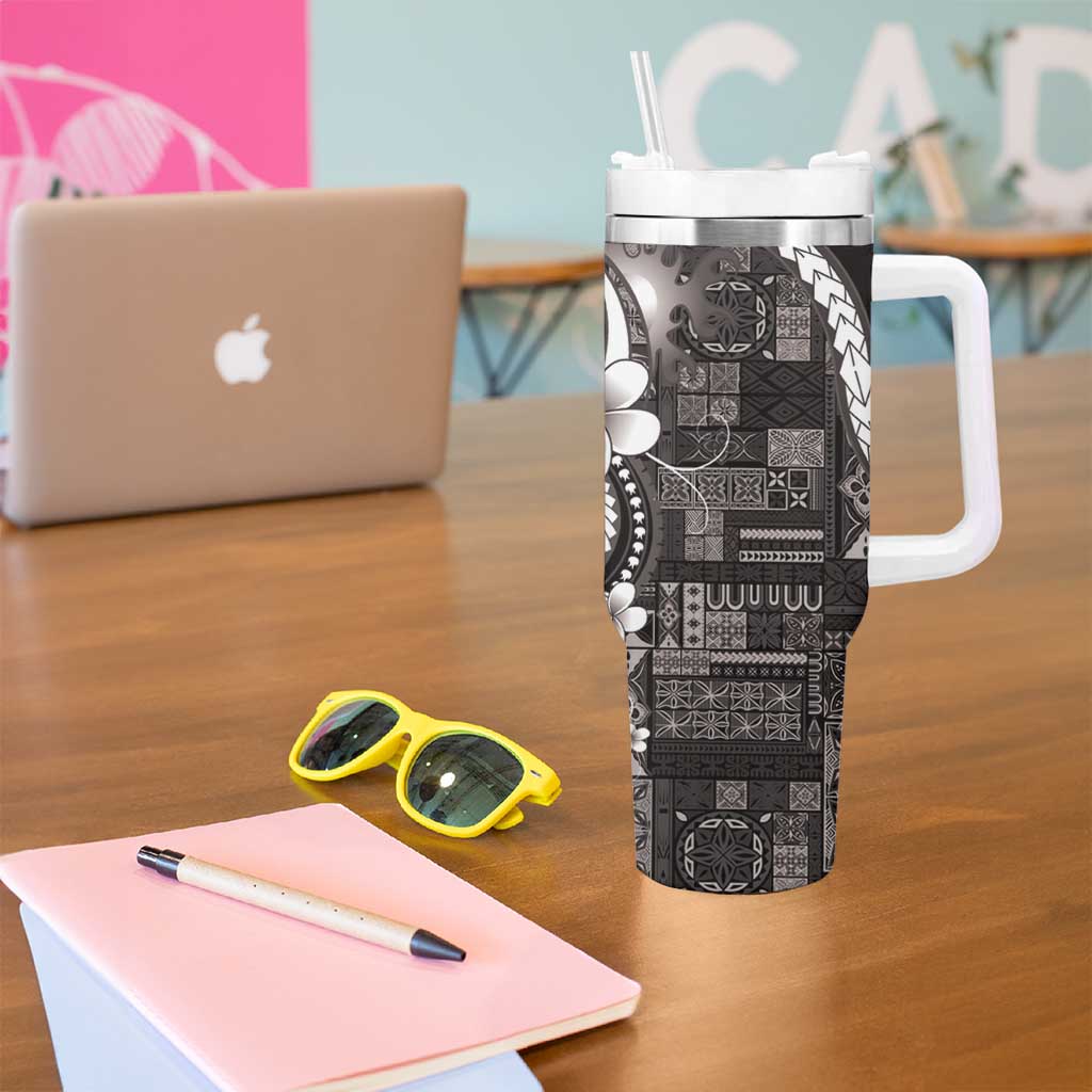 Samoa Siapo Tribal Pattern Tumbler With Handle Black Polynesian Plumeria Tapa Motif