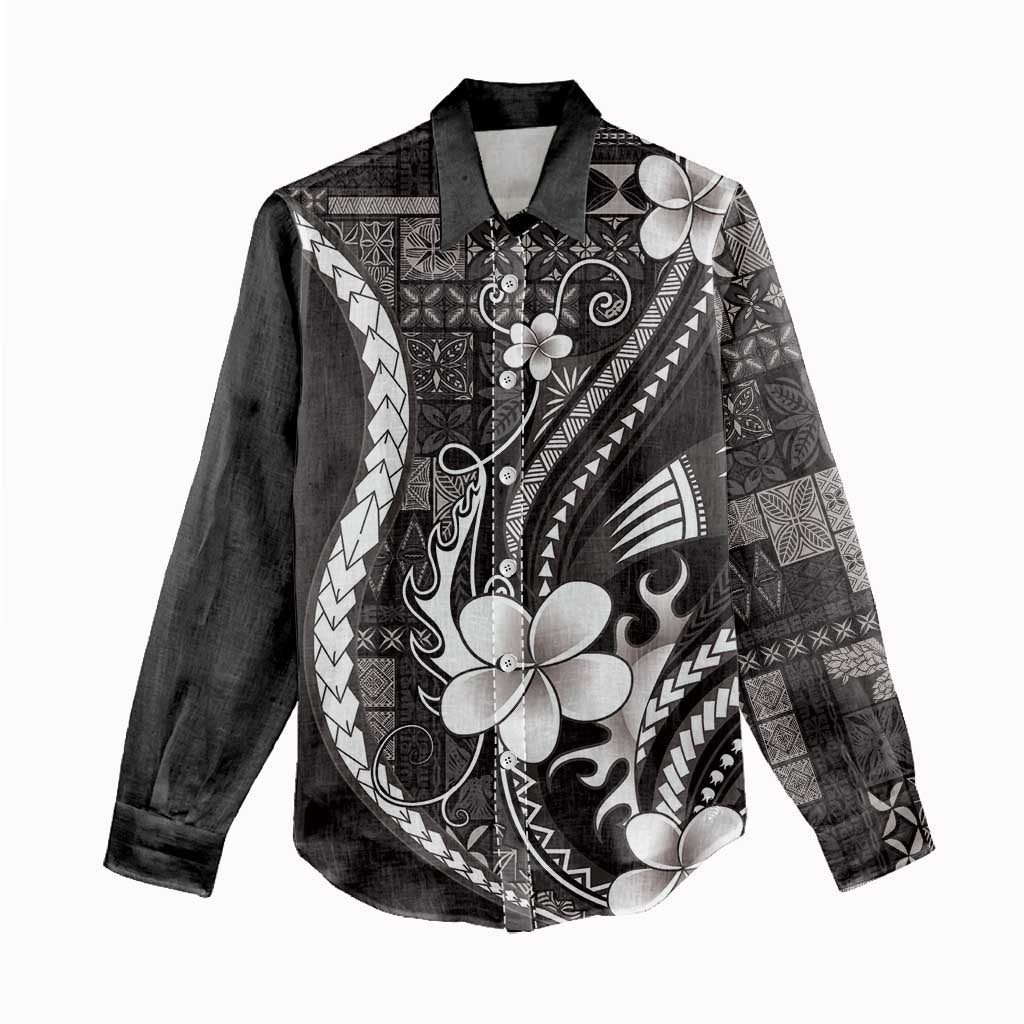 Samoa Siapo Tribal Pattern Women Casual Shirt Black Polynesian Plumeria Tapa Motif
