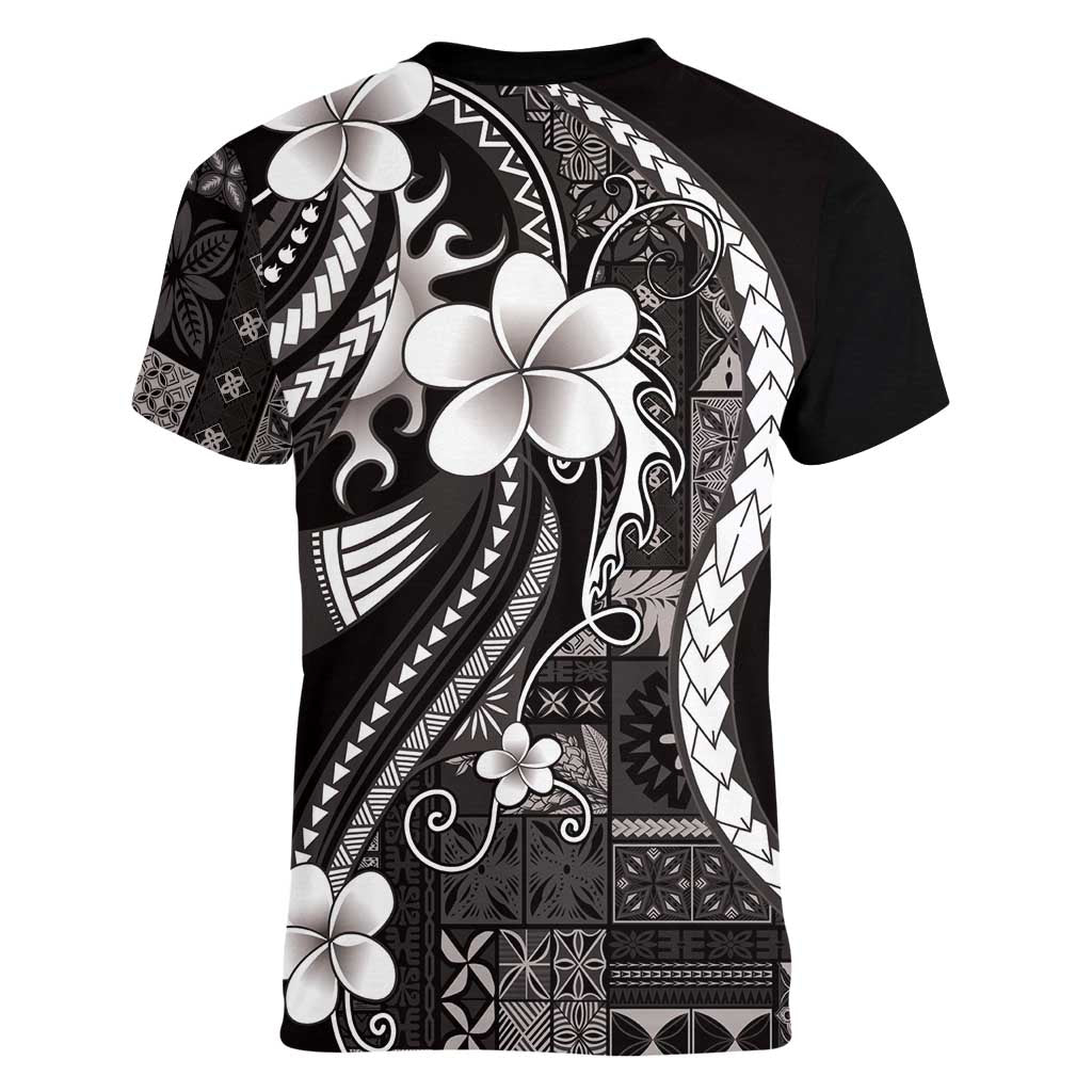 Samoa Siapo Tribal Pattern Women V-Neck T-Shirt Black Polynesian Plumeria Tapa Motif