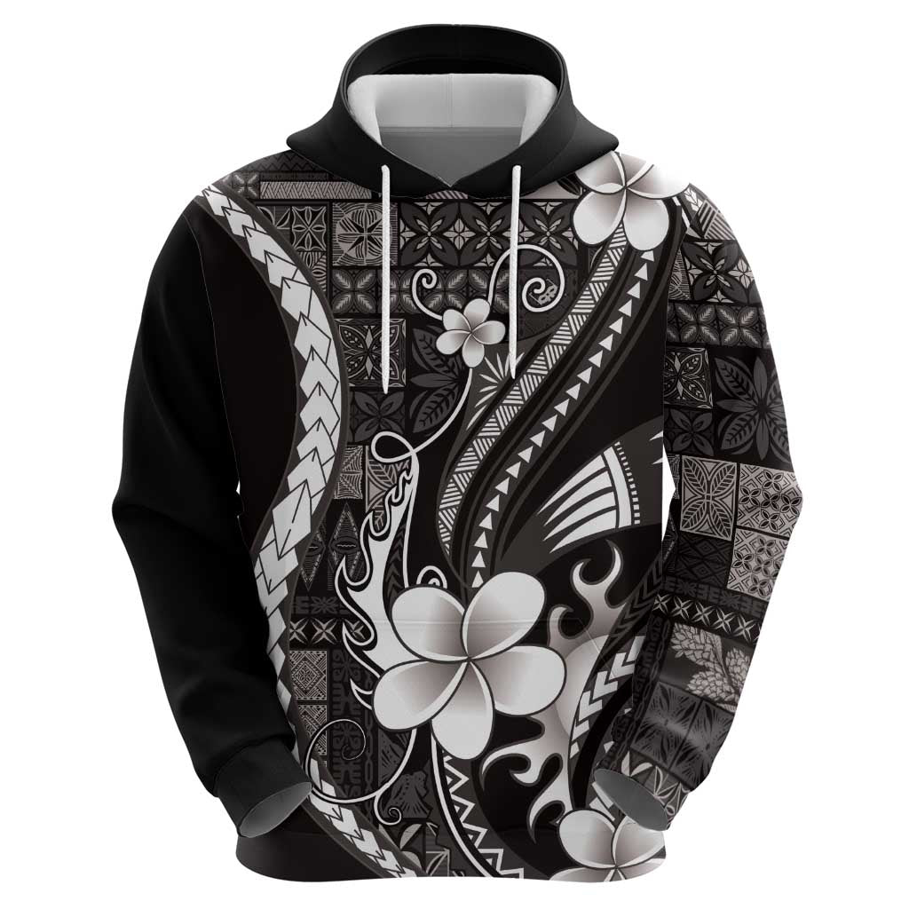 Samoa Siapo Tribal Pattern Zip Hoodie Black Polynesian Plumeria Tapa Motif