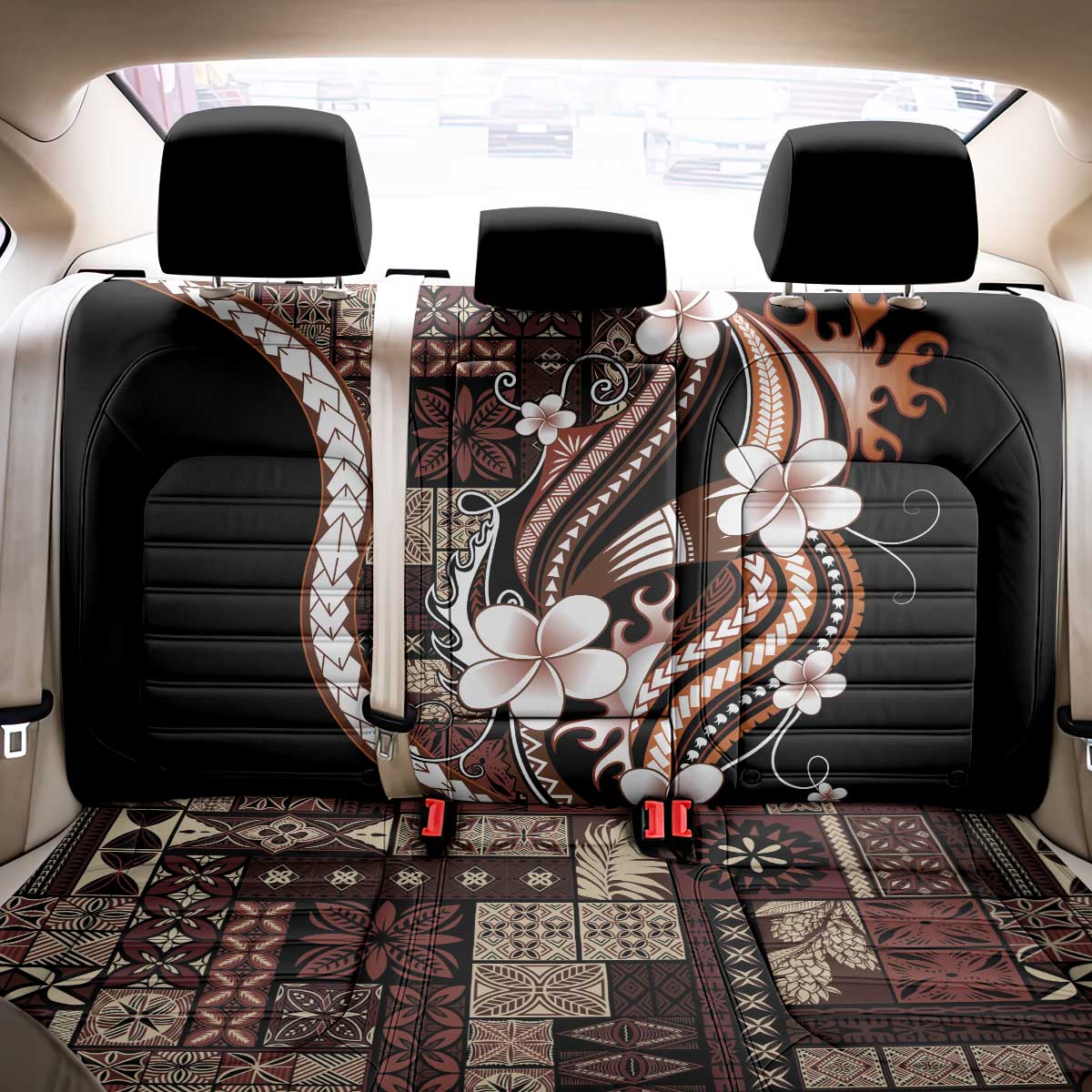 Samoa Siapo Tribal Pattern Back Car Seat Cover Brown Polynesian Plumeria Tapa Motif