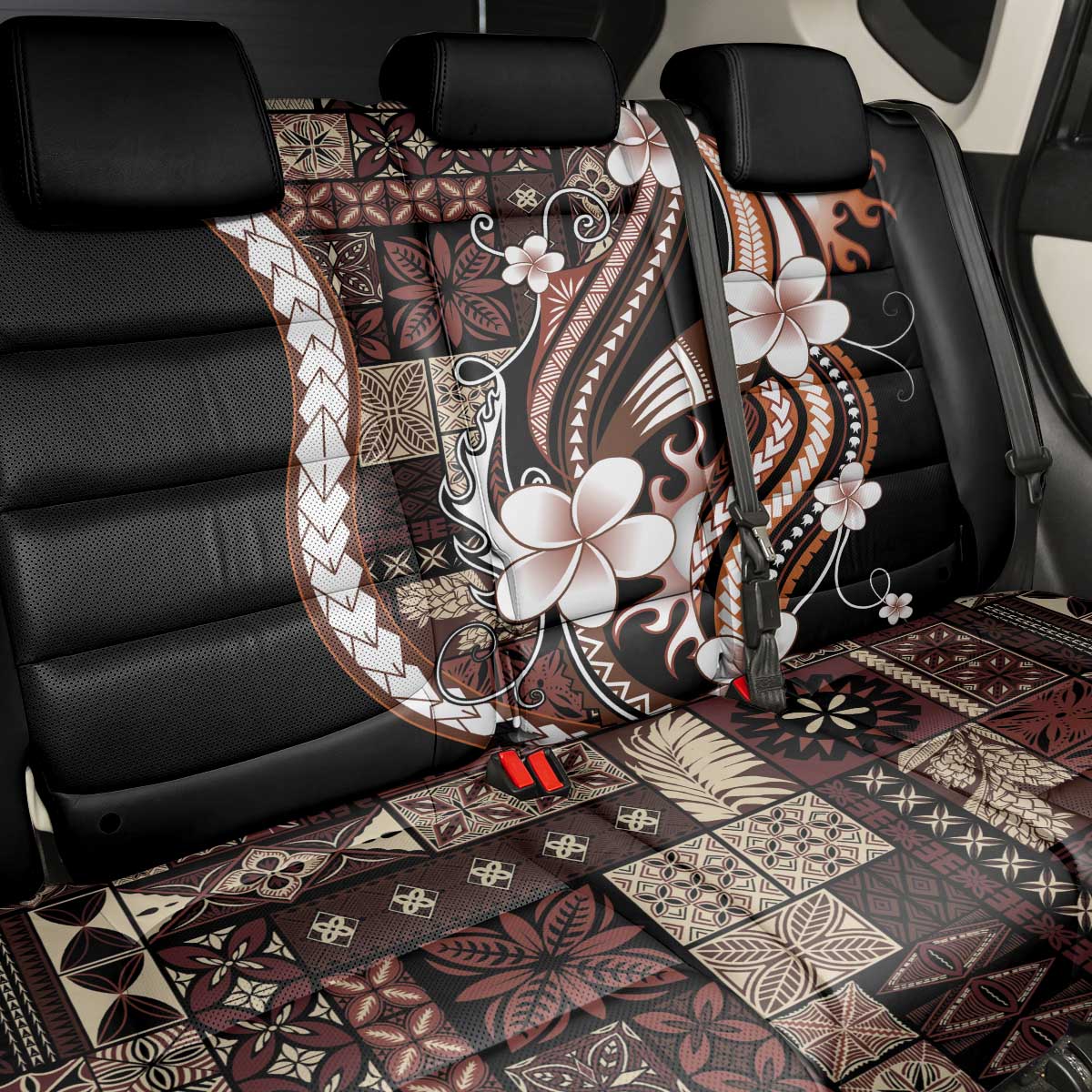 Samoa Siapo Tribal Pattern Back Car Seat Cover Brown Polynesian Plumeria Tapa Motif