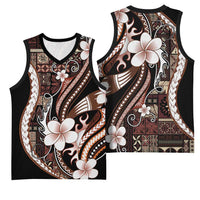 Samoa Siapo Tribal Pattern Basketball Jersey Brown Polynesian Plumeria Tapa Motif