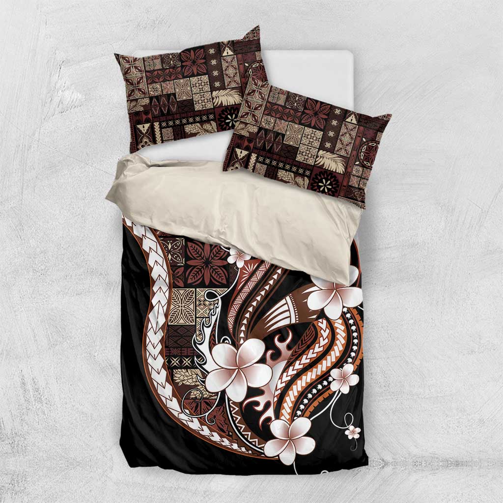 Samoa Siapo Tribal Pattern Bedding Set Brown Polynesian Plumeria Tapa Motif