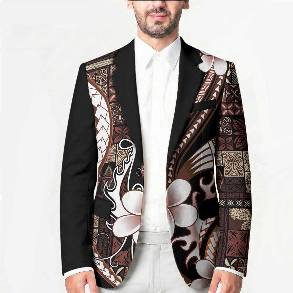 Samoa Siapo Tribal Pattern Blazer Brown Polynesian Plumeria Tapa Motif