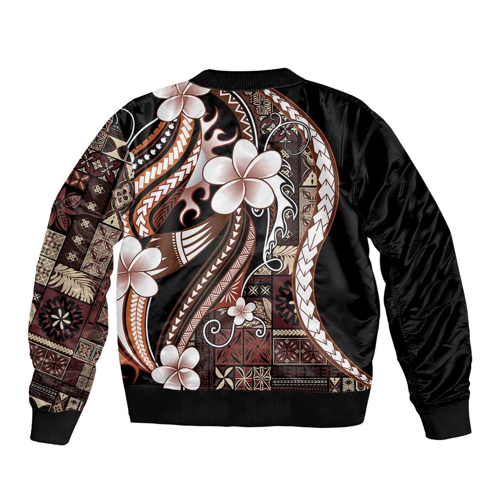 Samoa Siapo Tribal Pattern Bomber Jacket Brown Polynesian Plumeria Tapa Motif