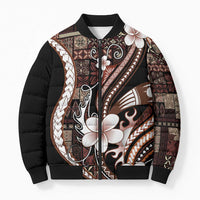 Samoa Siapo Tribal Pattern Bomber Puffer Jacket Brown Polynesian Plumeria Tapa Motif