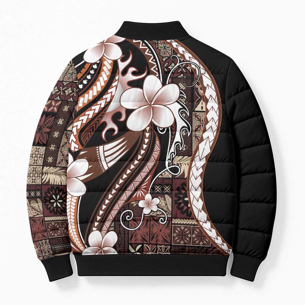 Samoa Siapo Tribal Pattern Bomber Puffer Jacket Brown Polynesian Plumeria Tapa Motif