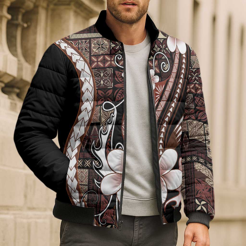 Samoa Siapo Tribal Pattern Bomber Puffer Jacket Brown Polynesian Plumeria Tapa Motif