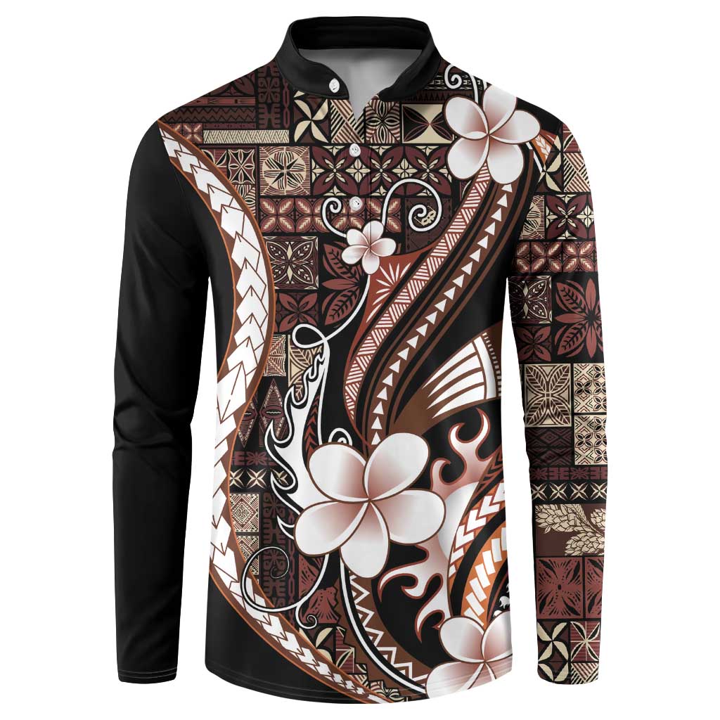 Samoa Siapo Tribal Pattern Button Sweatshirt Brown Polynesian Plumeria Tapa Motif
